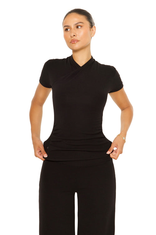 Short Sleeve Wrap Lounge Top Black