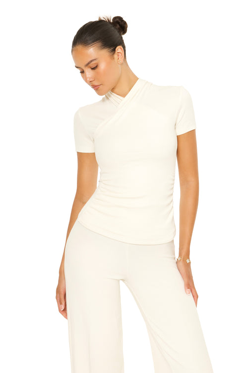 Short Sleeve Wrap Lounge Top Cream