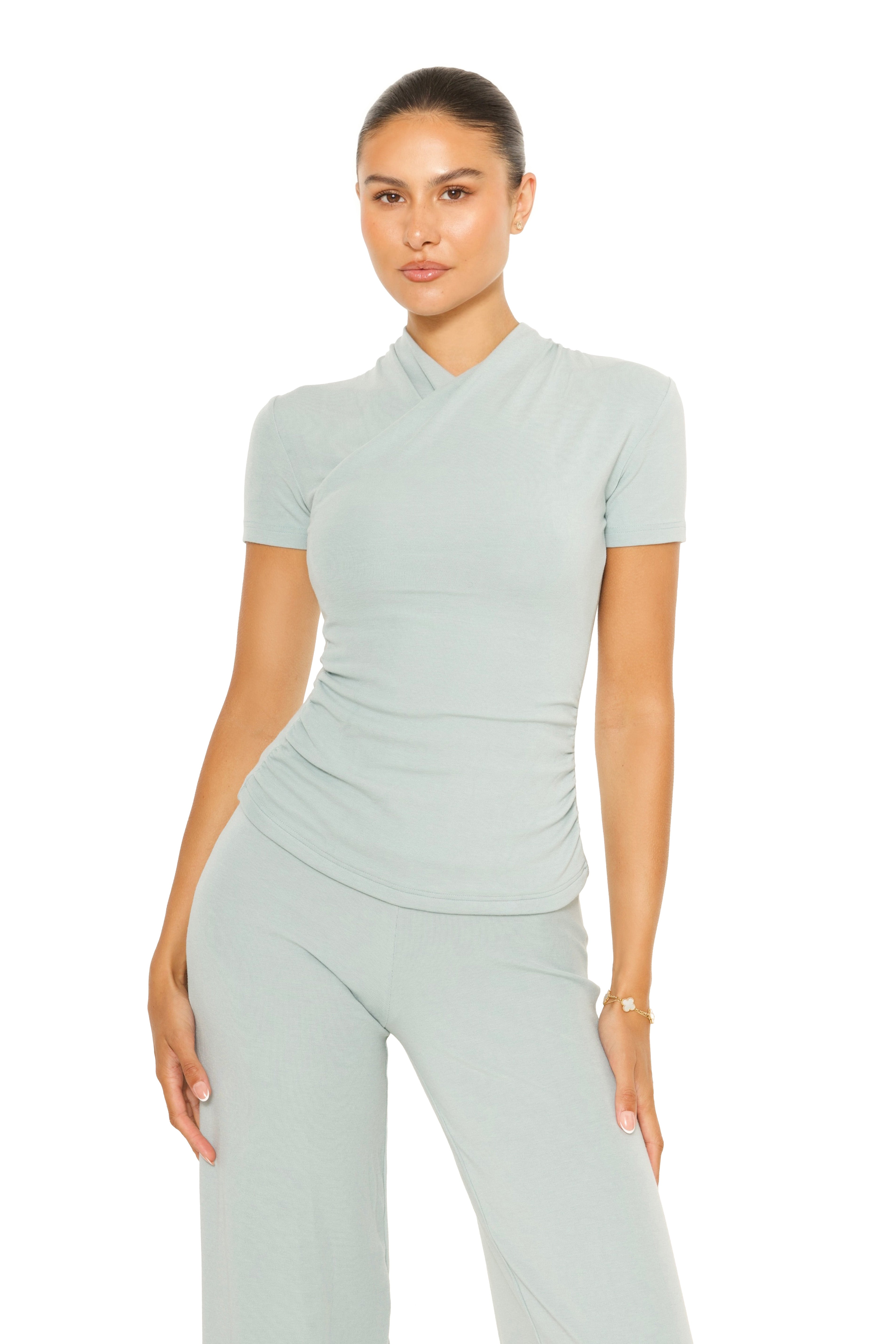 Short Sleeve Wrap Lounge Top Sage