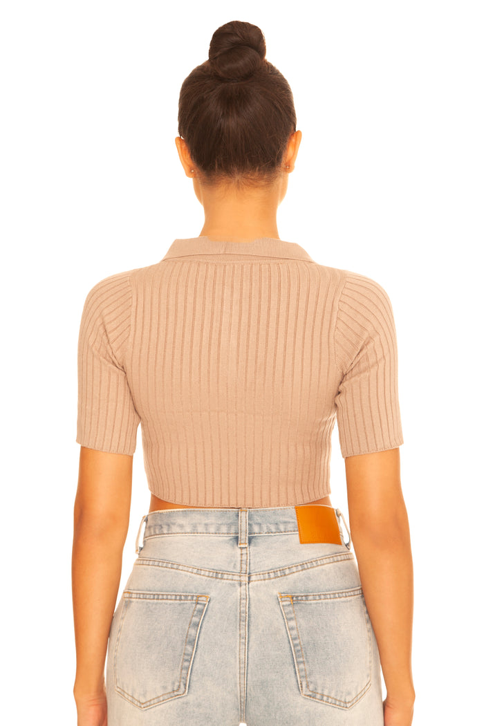 Knitted Cropped Polo Beige