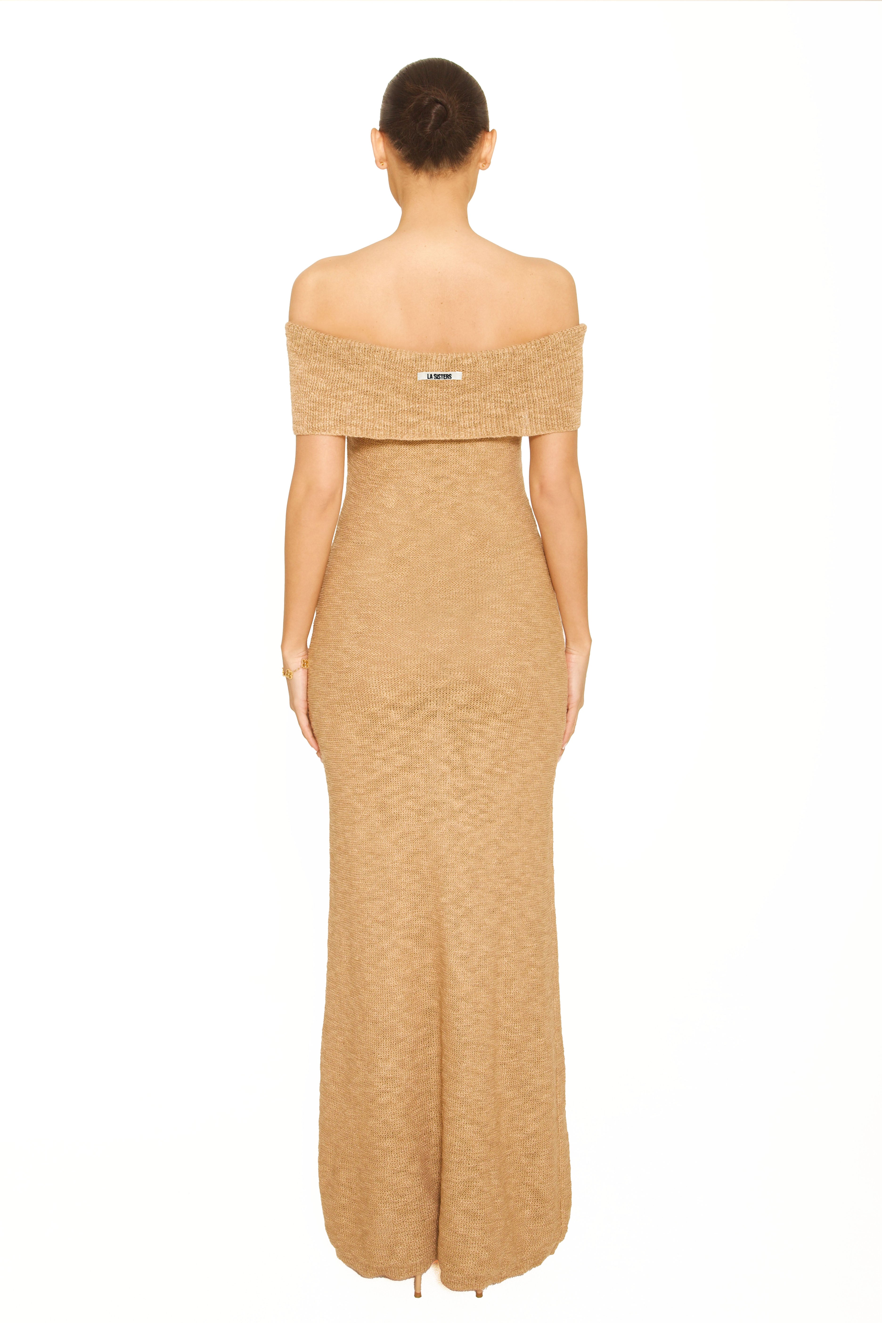 Knitted Off-Shoulder Maxi Dress Beige