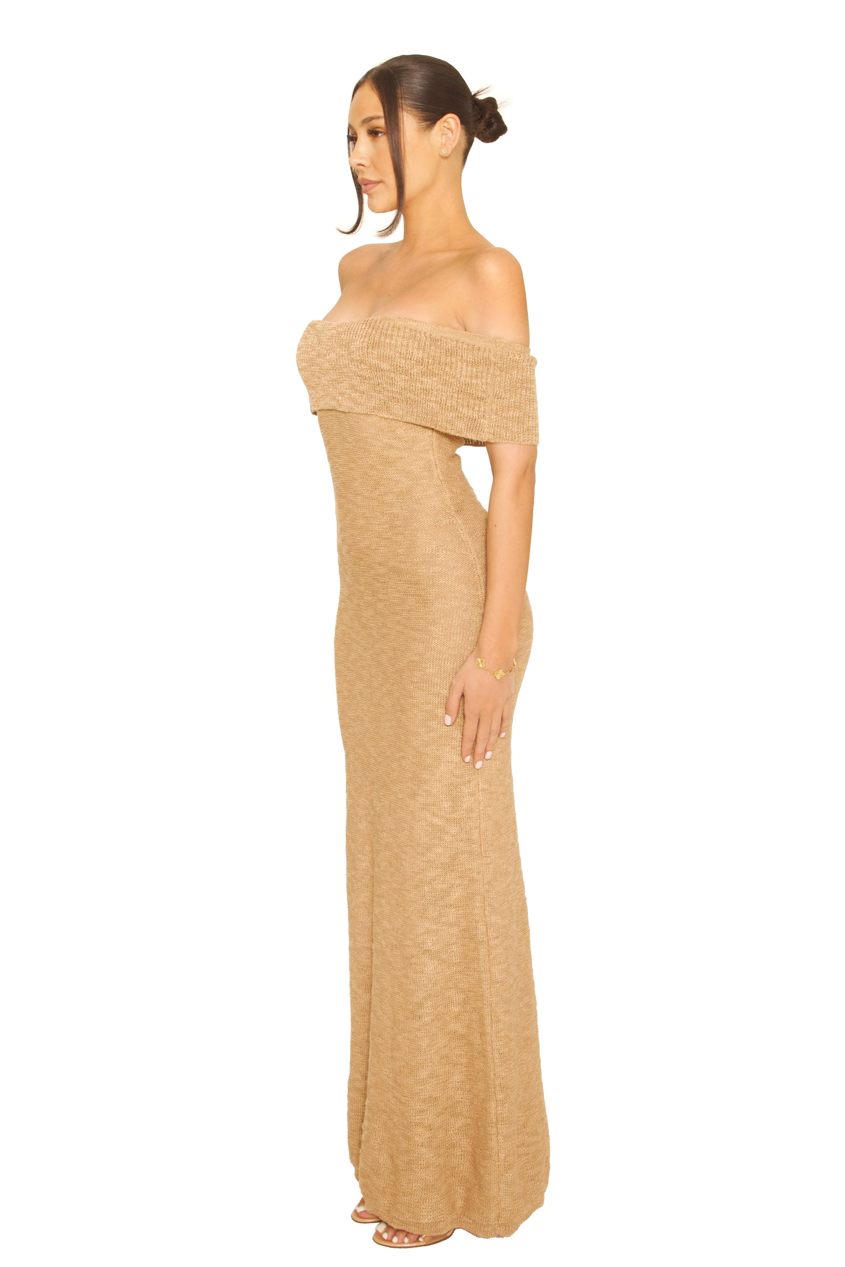 Knitted Off-Shoulder Maxi Dress Beige