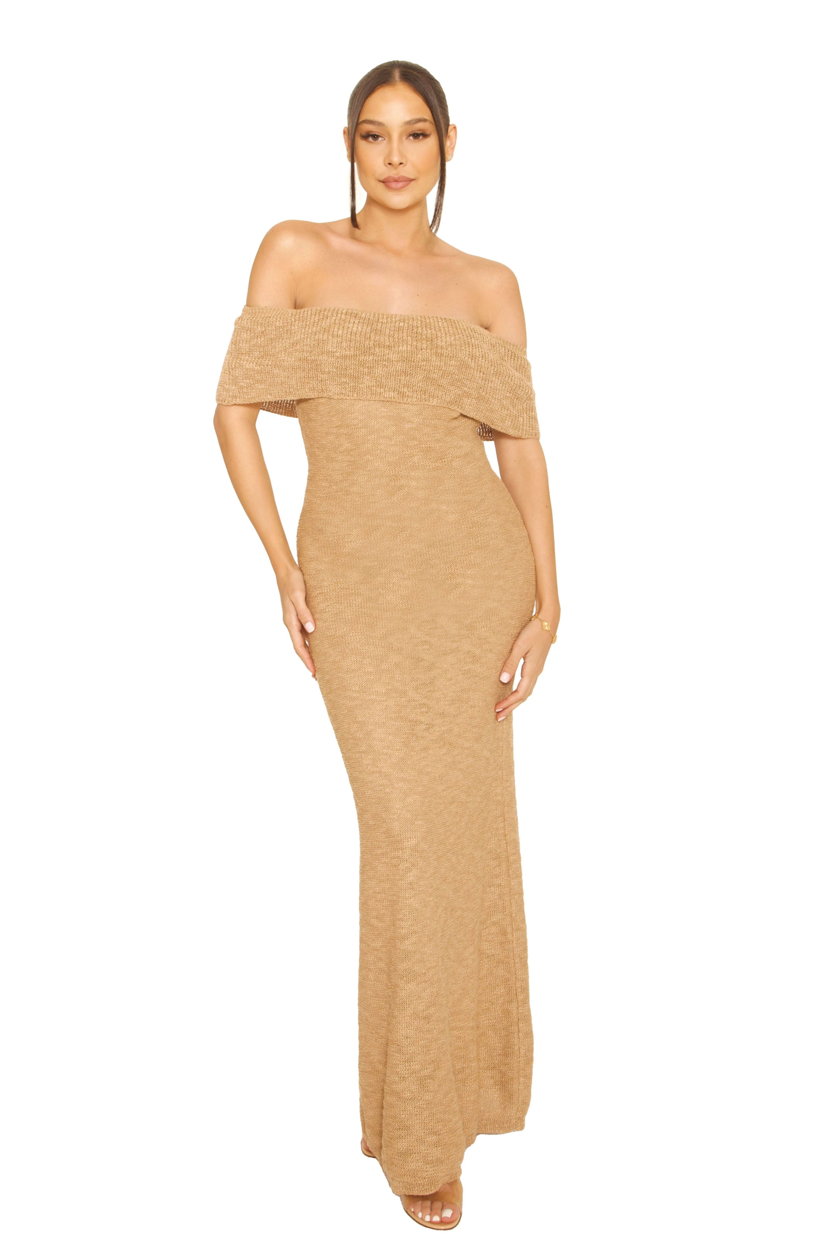 Knitted Off-Shoulder Maxi Dress Beige