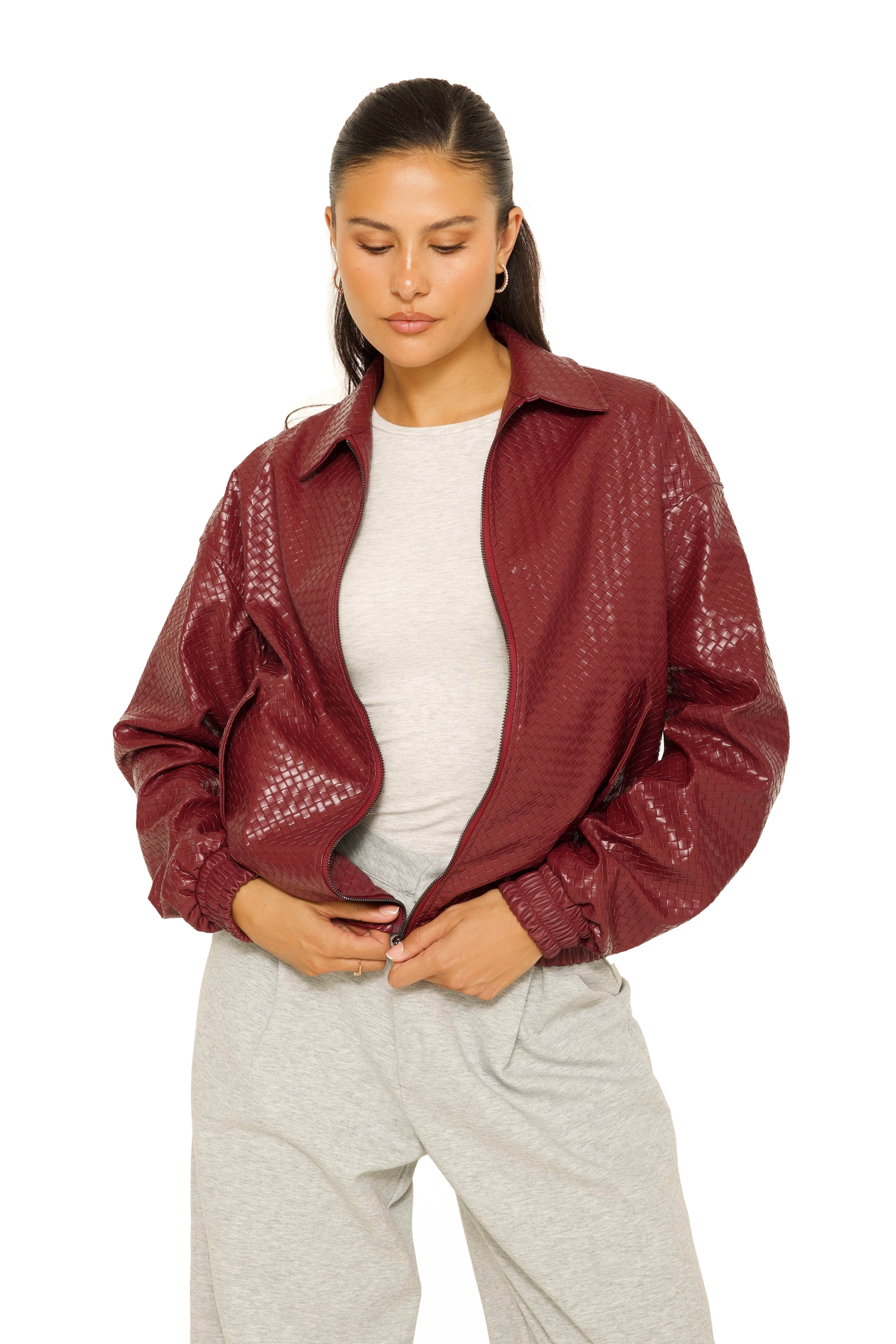 Leather Woven Bomberjacket Burgundy