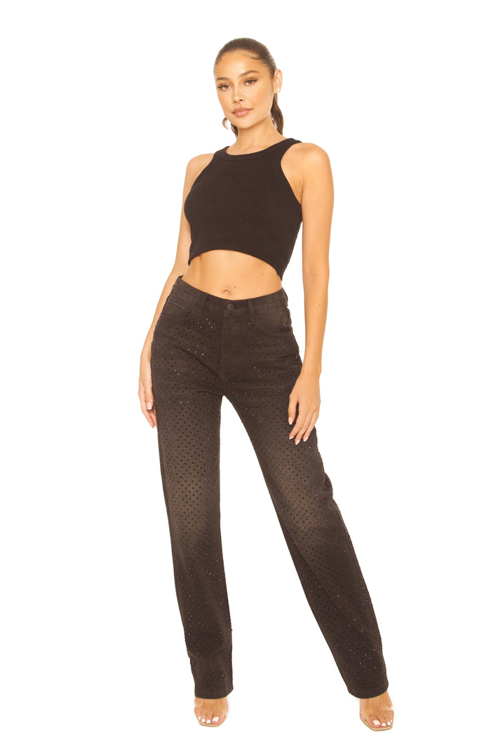 Rhinestone Straight Leg Jeans Black