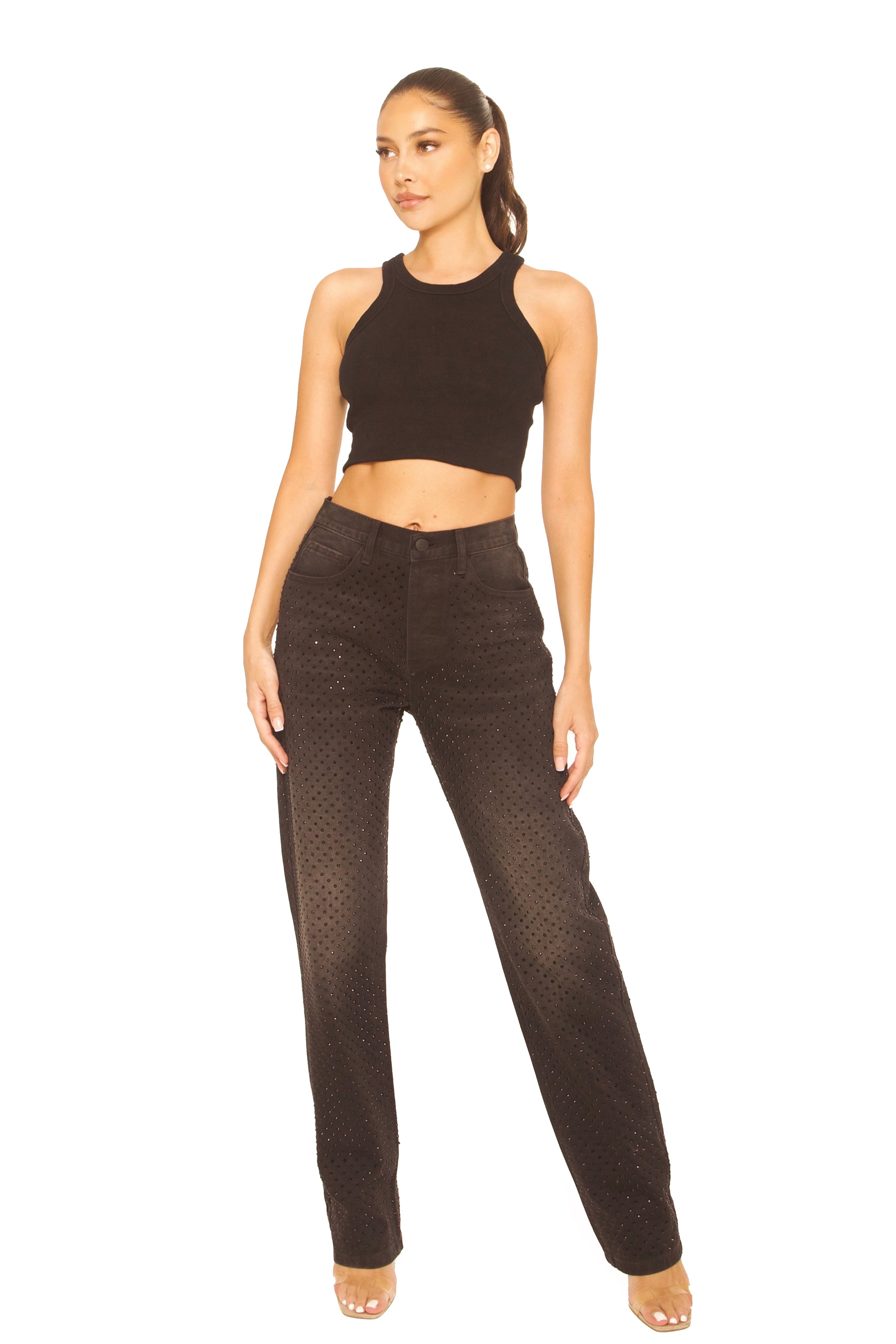 Rhinestone Straight Leg Jeans Black