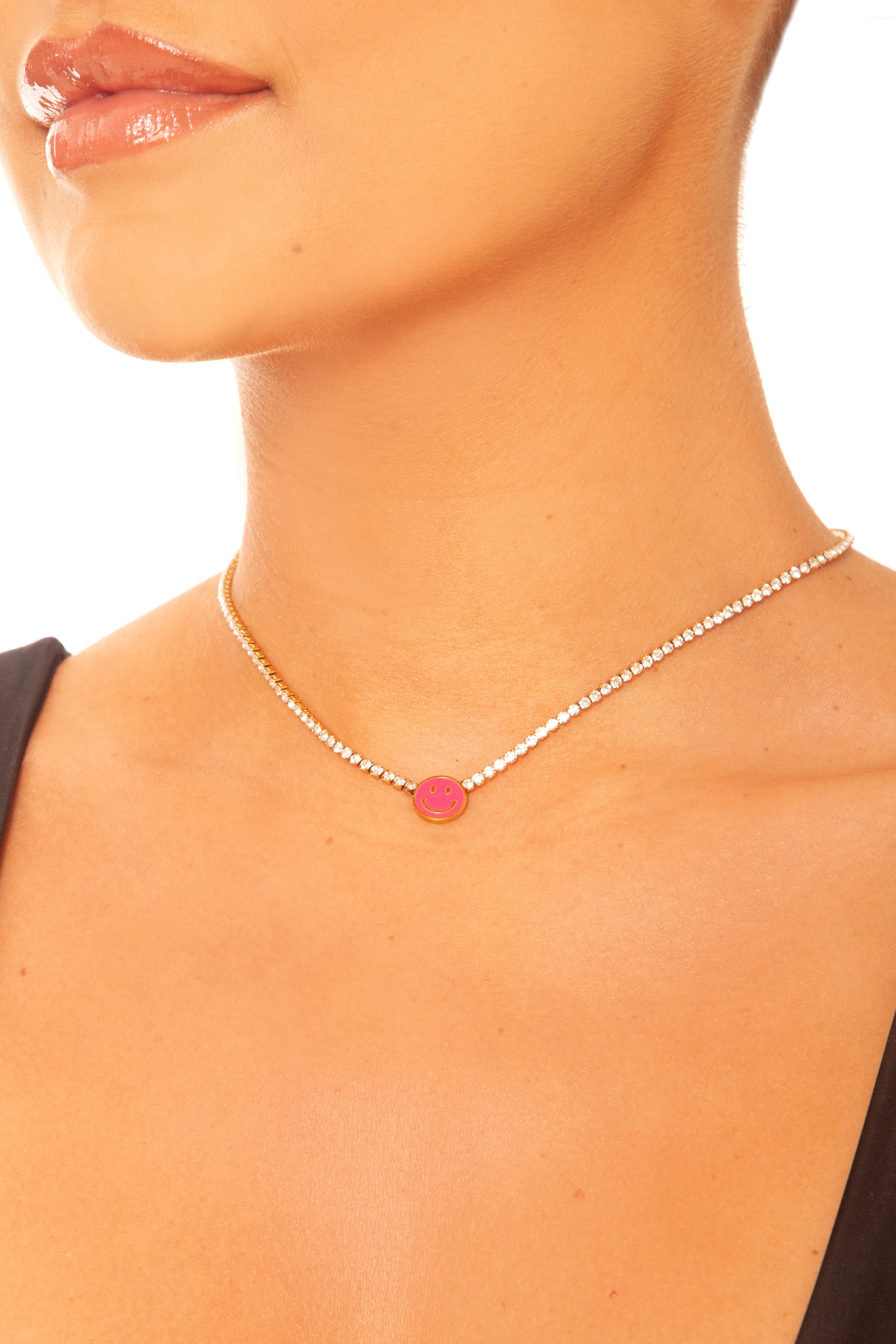 Rhinestone Smiley Necklace Pink