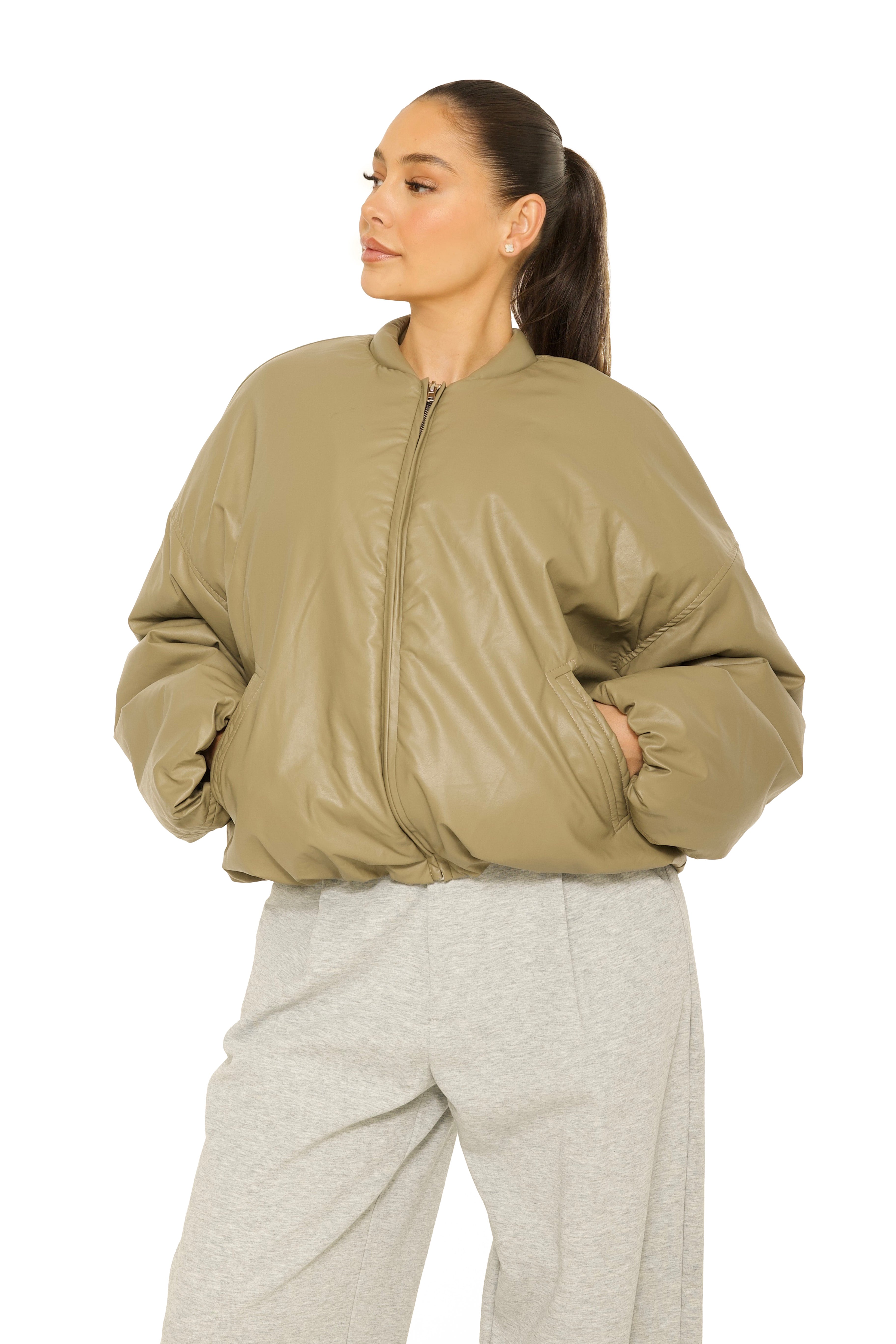 Oversized Leather Bomberjacket Khaki Green