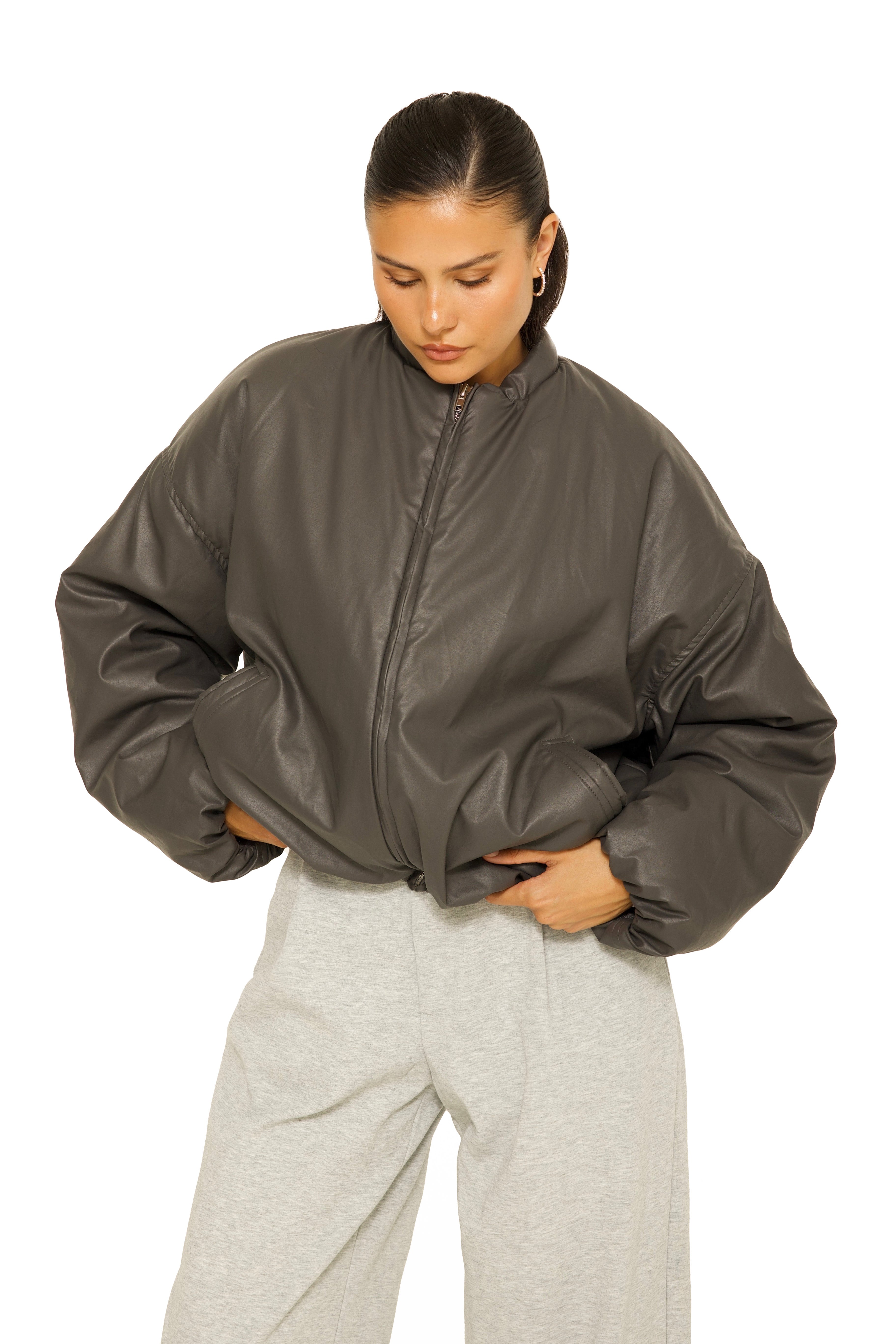 Oversized Leather Bomberjacket Charcoal Grey