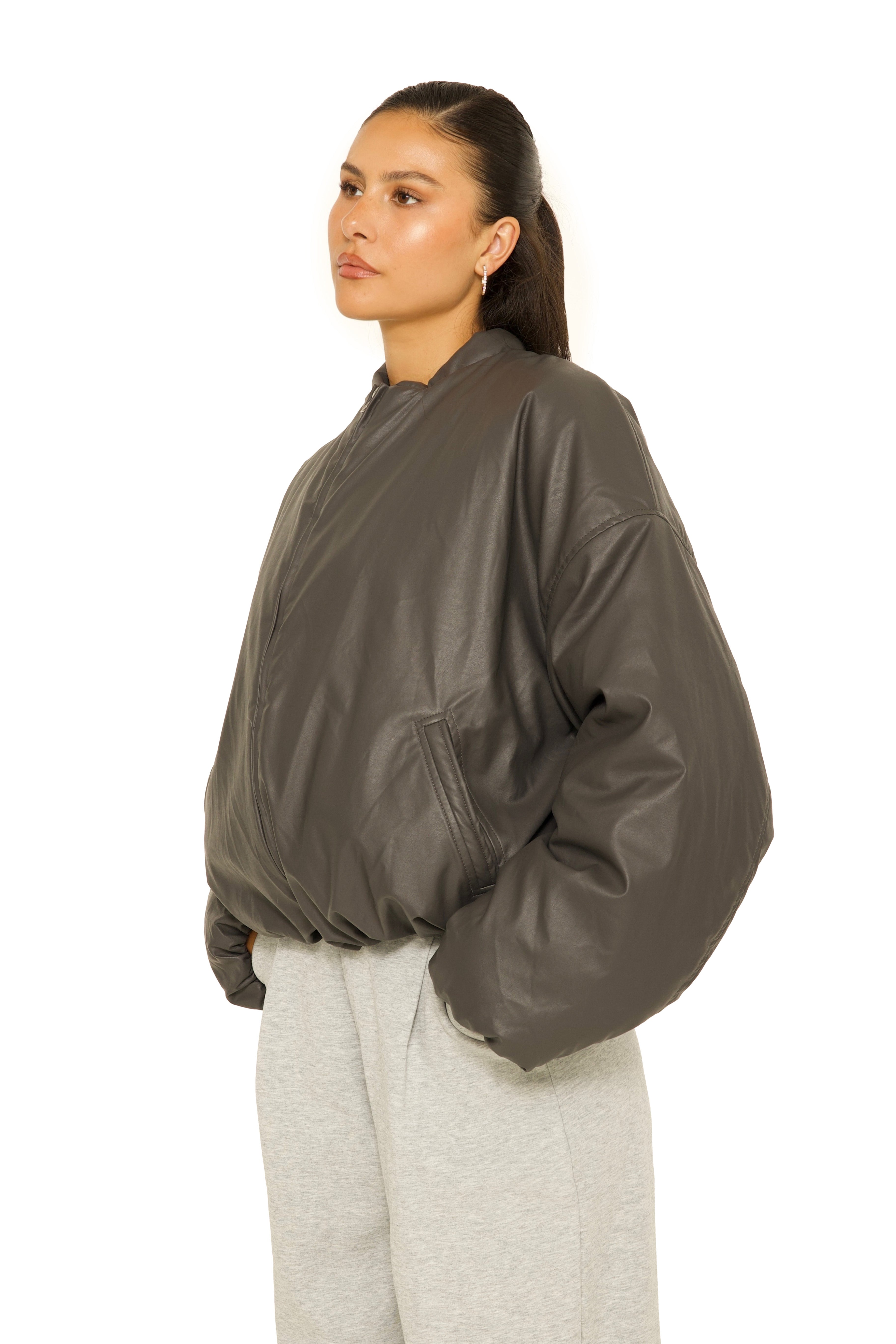 Oversized Leather Bomberjacket Charcoal Grey