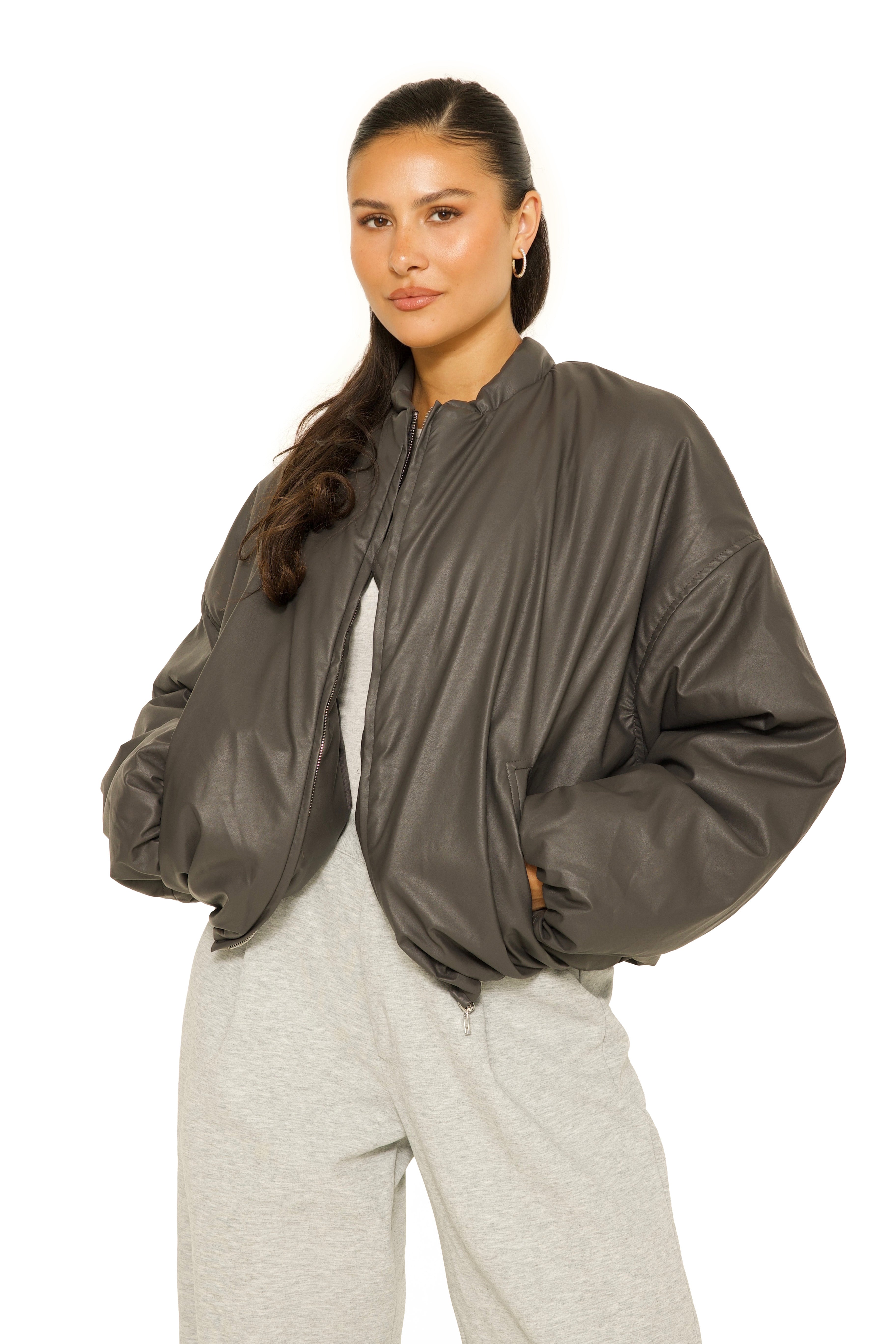 Oversized Leather Bomberjacket Charcoal Grey